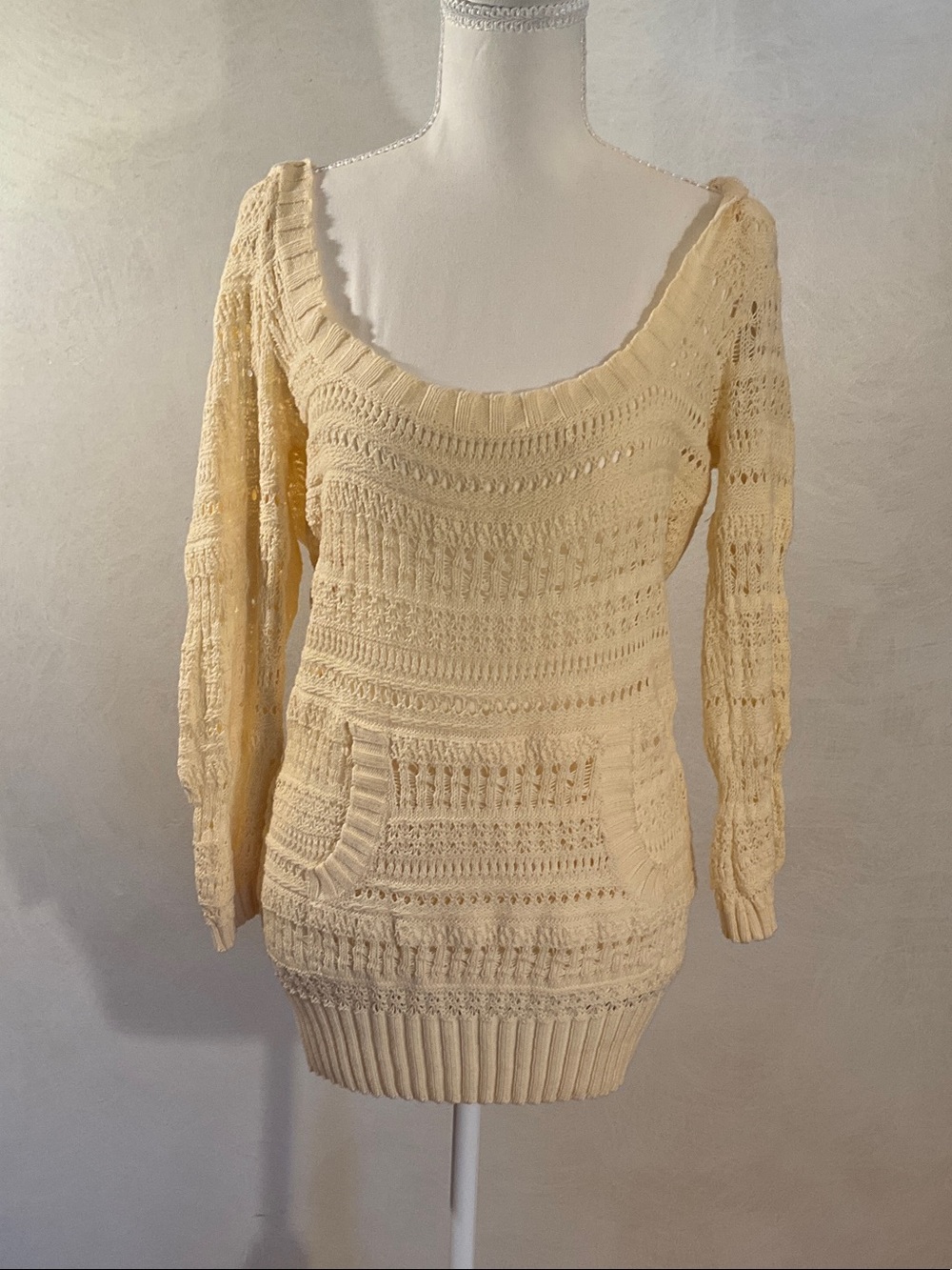 DKNY buttery yellow Open-Weave Scoop Neck Sweater